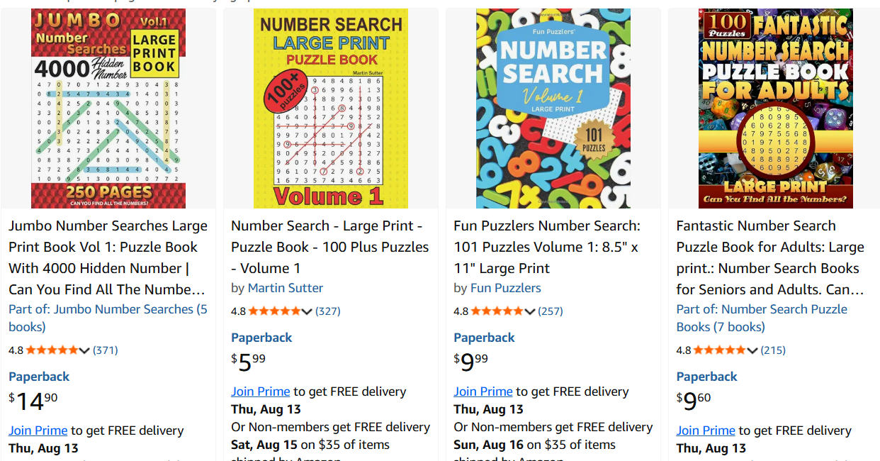Bestselling large print number search puzzle books on Amazon