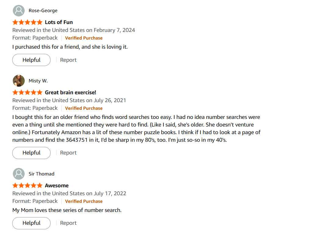 Happy customer reviews praising number search puzzle books