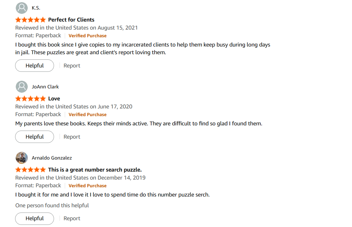 Verified purchase reviews from number search puzzle book buyers