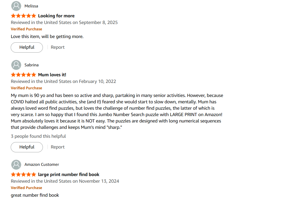 Five-star Amazon reviews for number search puzzle books