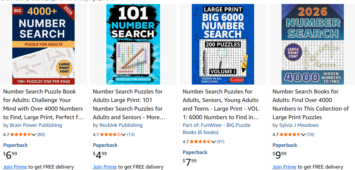 More top-selling number search puzzle books for adults on Amazon